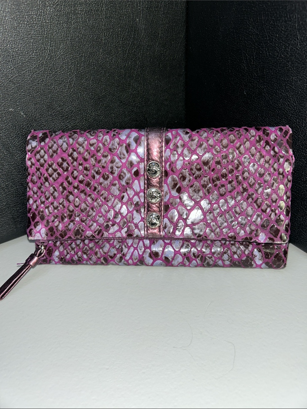 Purple Snake-Print Foldover Clutch Wallet
